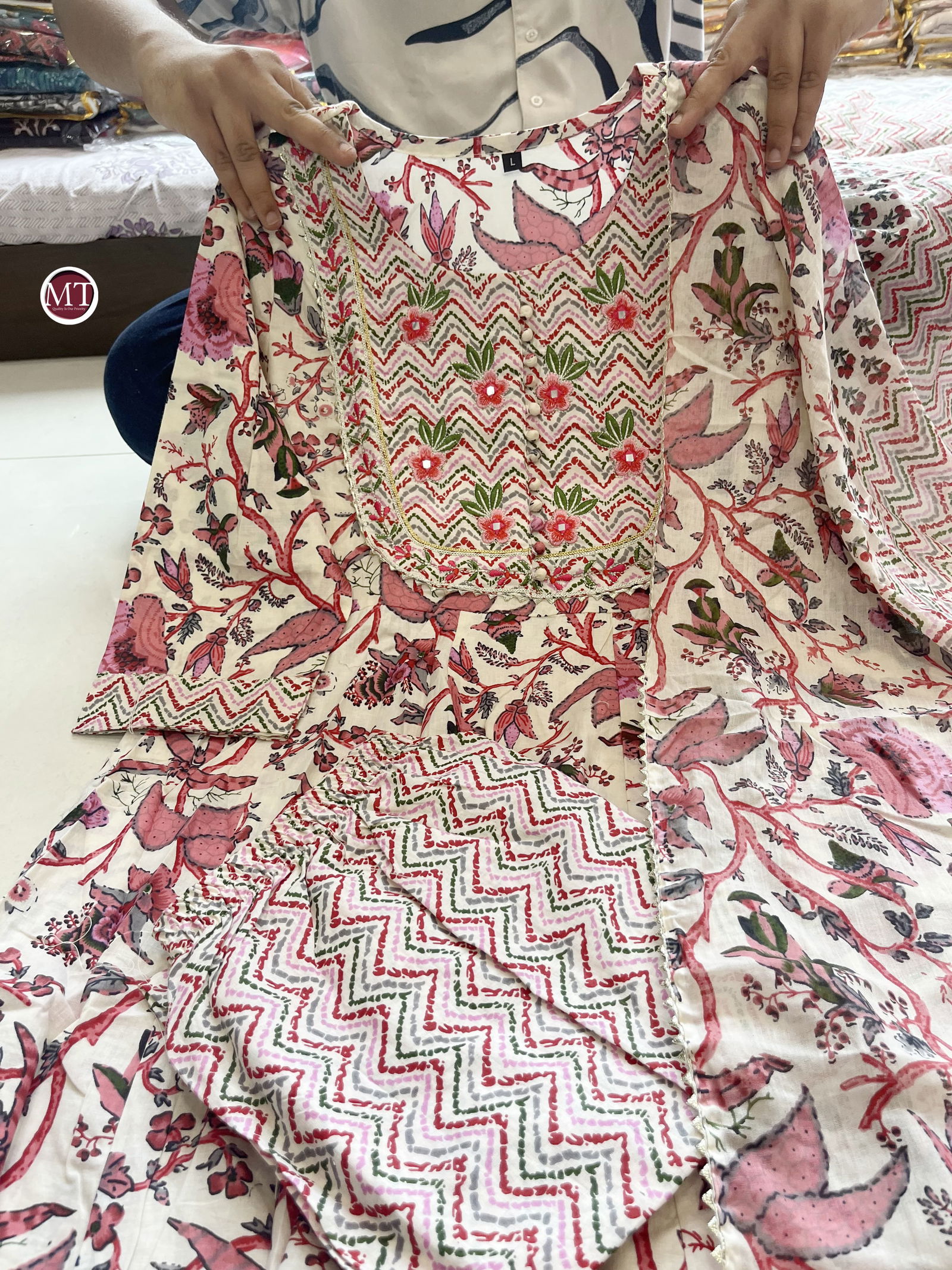 MT Designer Printed Anarkali Cotton Kurti With Bottom Dupatta Wholesale Price In Surat
